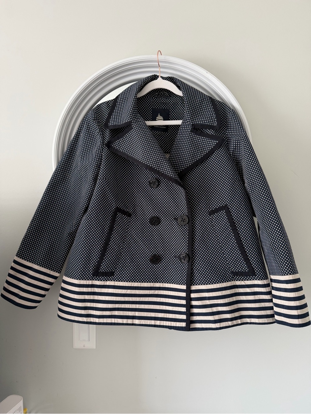Marina Yachting Navy White Polka Dot Striped Double Breasted Peacoat Jacket